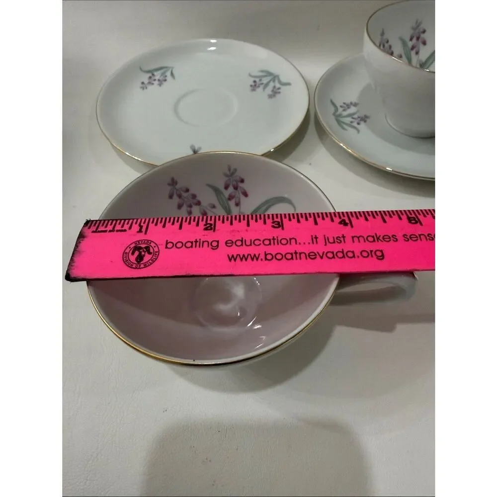 R KPM Krister Germany White Porcelain Teacup Saucer Set F669. 27 Purple Floral